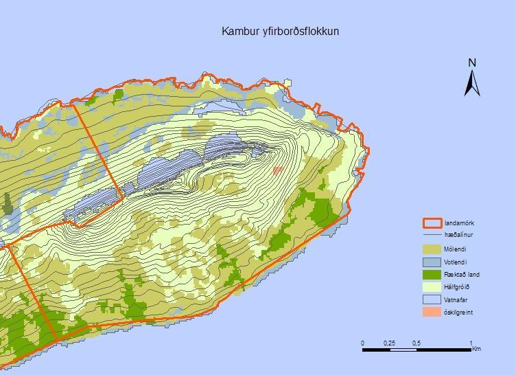 Kort 5. Yfirborðsflokkun á Kambi. 4.1.3 Veður Milli Hornar og Reykjafjarðarkaupstaðar er veðurfar sagt mjög óstöðugt.
