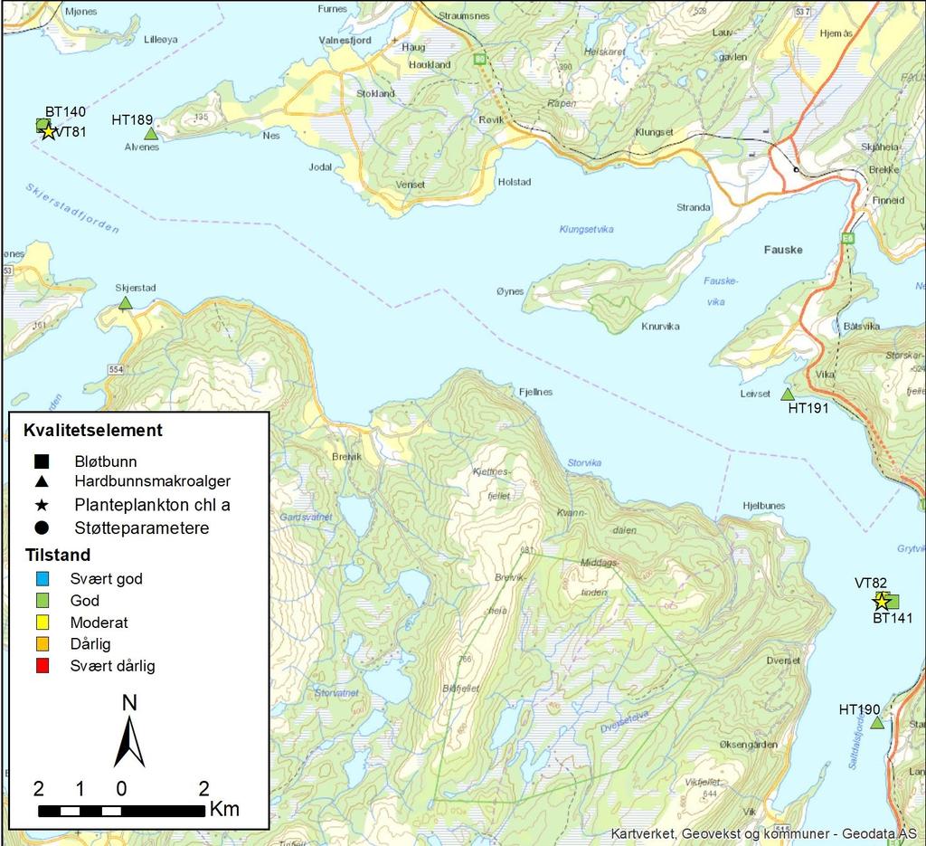 Figur 1. Tilstandsvurdering basert på biologiske kvalitetselementer og vannkjemiske støtteparametere per stasjon i delprogram Norskehavet Nord II.