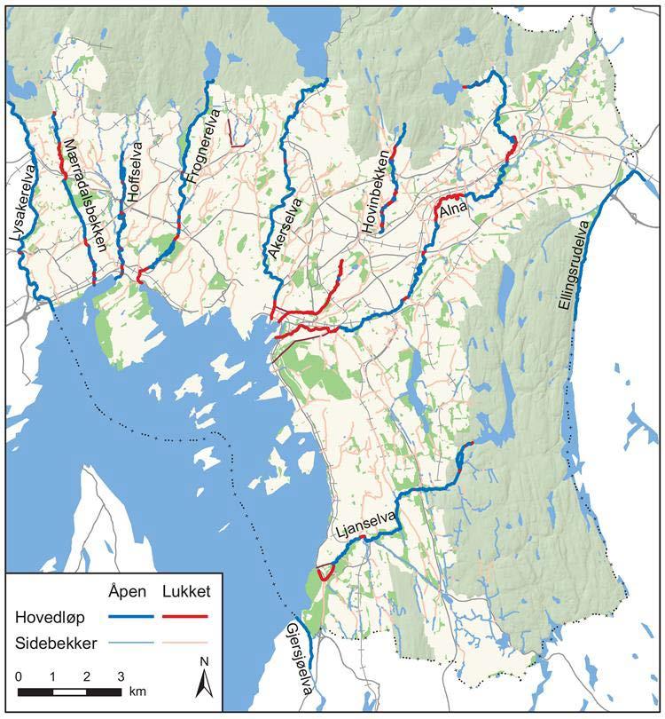 Kartet under viser de største elvene i Oslo. Akerselva, Hovinbekken og Alnaelva munner ut i vannforekomsten «Oslo by og havn». Den stiplede linjen i sjøen er Oslos kommunegrense.