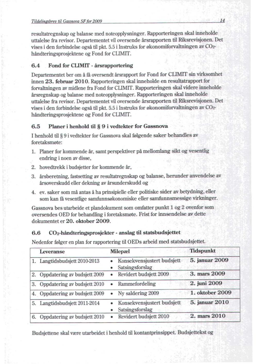 Tildelin brev til Gassnova F r 2009 14 resultatregnskap og balanse med noteopplysninger. Rapporteringen skal inneholde uttalelse fra revisor.