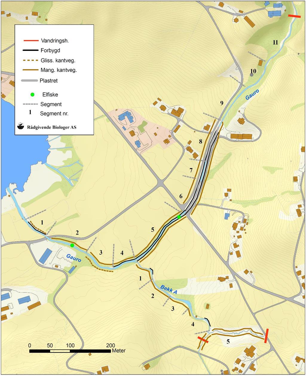 Tabell 3.3. Fysiske inngrep med økologisk betydning i ulike deler av vassdraget i % av elvelengden, og samlet morfologisk status i forhold til vannforskriften (DV 2009).