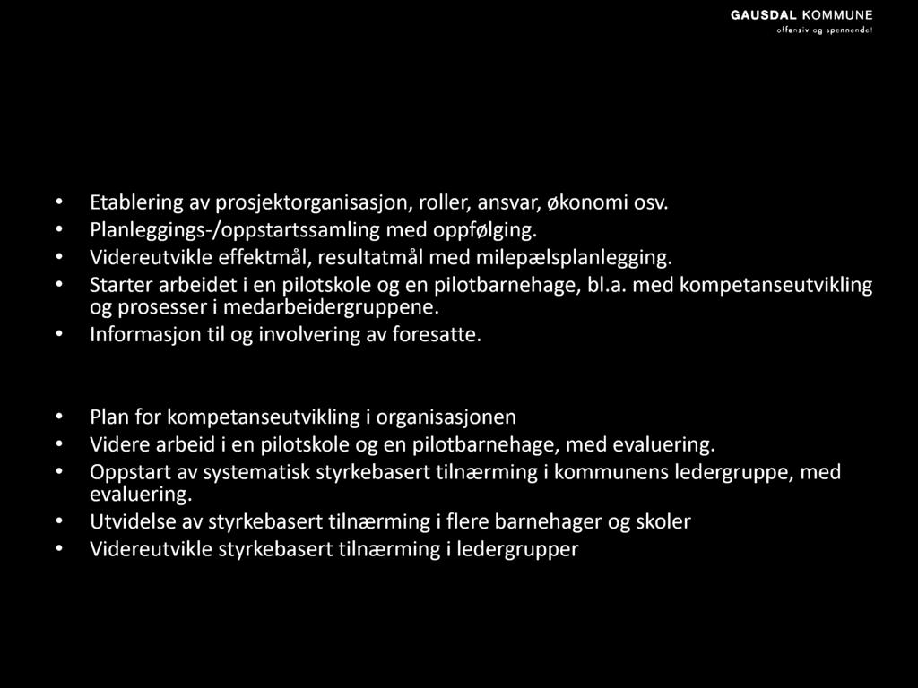 - og h va skjer fram over Fra høsten 2017 fortsetter vi bl.a. med Etablering av prosjektorganisasjon, roller, ansvar, økonomi osv. Planleggings -/ oppstartssamling med oppfølging.