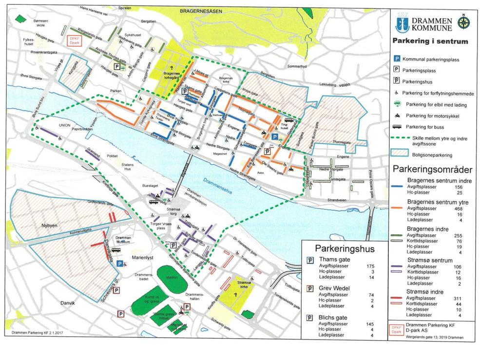 Figur 1: Kart over kommunale parkeringsplasser i Drammen sentrum. Indre avgiftssone avgrenset med stiplet grønn strek. (Kart: Drammen Parkering KF, DPark AS, 2017.