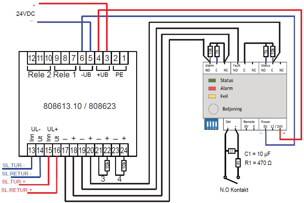 Tilkobling SG-13 mot transponder 4Z2R: Utganger: Alle utgangene er av vekslende type.