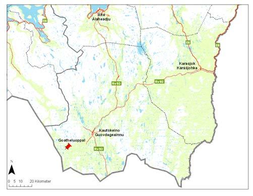 3 Områdedata - Goahteluoppal 3.1 Områdebeskrivelse Goahteluoppal er et stort myrområde ca. 30 km sørvest for Kautokeino i Vest-Finnmark (Figur 6).