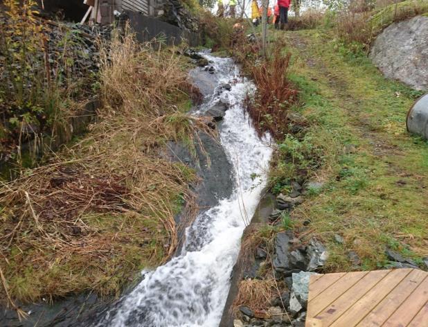 På de nederste 10 meterne mot sjøen faller elven 3-4 høydemeter og renner over glatt berg, og det er ikke mulig for anadrom fisk å vandre opp denne fossen (figur 6).