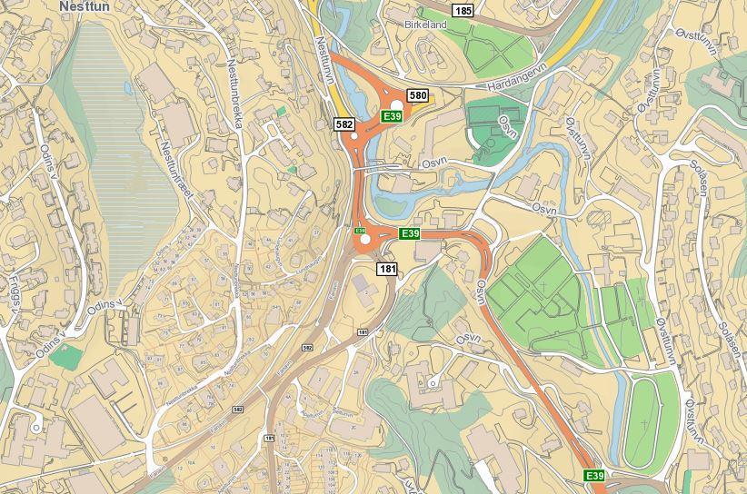 ½ km sør for Nesttun sentrum, mellom Nesttunelven og