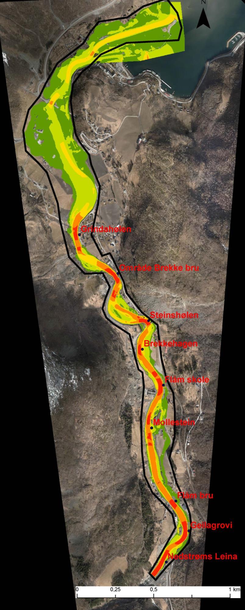 Vannhastighet (Q1000 m/klimapåslag) Elvestrekningen fra og med Grindahølen vil ved ekstrem flom ha vannhastighet som vil