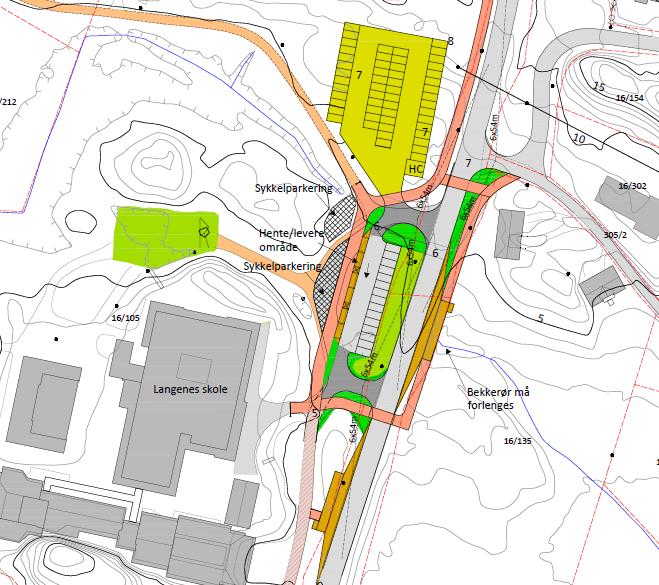 vestsiden av Langenesveien. På østsiden er nåværende busstopp foreslått flyttet ca. 30 meter lenger sør, i tillegg til at det er lagt inn fotgjengerovergang bak dette busstoppet.