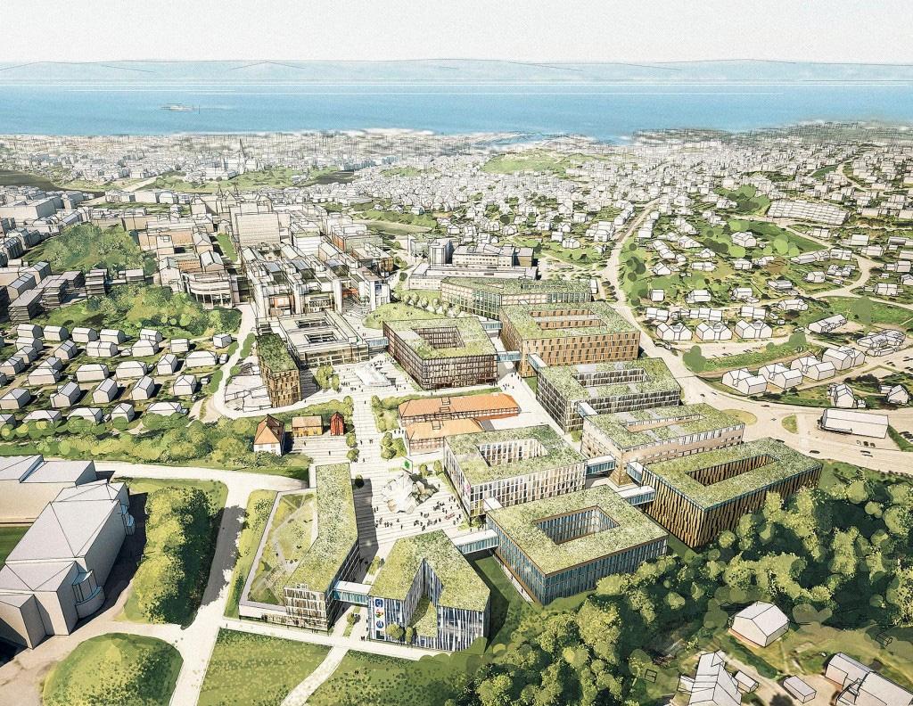 Figur 1: Forslag til fortetning av Campus NTNU - Trondheim med omfattende bruk av grønne tak. Illustrasjon: Eggen Arkitekter 1.