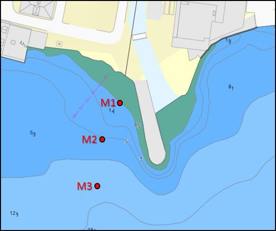 Figur 4 Plassering av sedimentstasjoner ved Molde Sjøfront 2 som er prøvetatt.