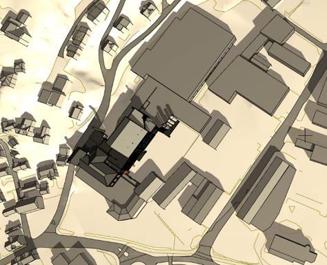 I overgangen mot eksisterende, verneverdig bryggeri-bebyggelse er det et område med gesimshøyde inntil kote +18 og med tilnærmet flatt tak (mørk grå farge på kartet).