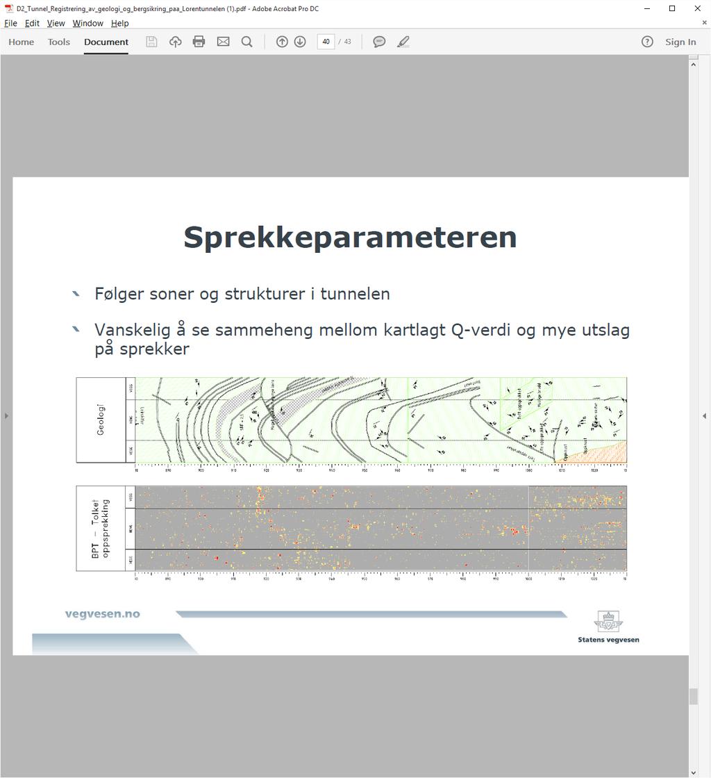 Figur 9 Eksempel på god sammenheng mellom bergarter og BPT-tolket hardhet for Lørentunnelen (Neby 2012).