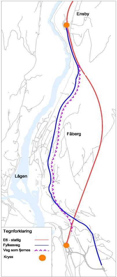 Lokalvegen fra Storhove til Ensby via Fåberg forblir fylkesveg som i dag. Eksisterende E6 mellom Strorhove og Fåberg foreslås fjernet.