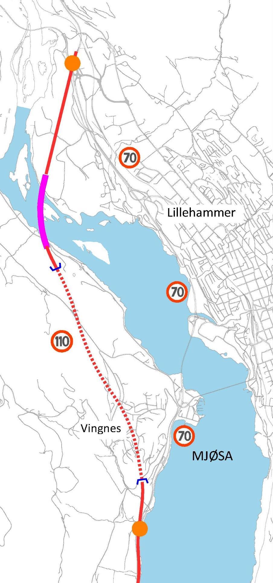 49 5.4 Delstrekning ll - Alternativ II-C-2-A tunnel Riselandet sør og adkomst til byen langs dagens E6 Det etableres kryss med tre armer i Øyresvikas som tilknytning til Lillehammer fra sør.