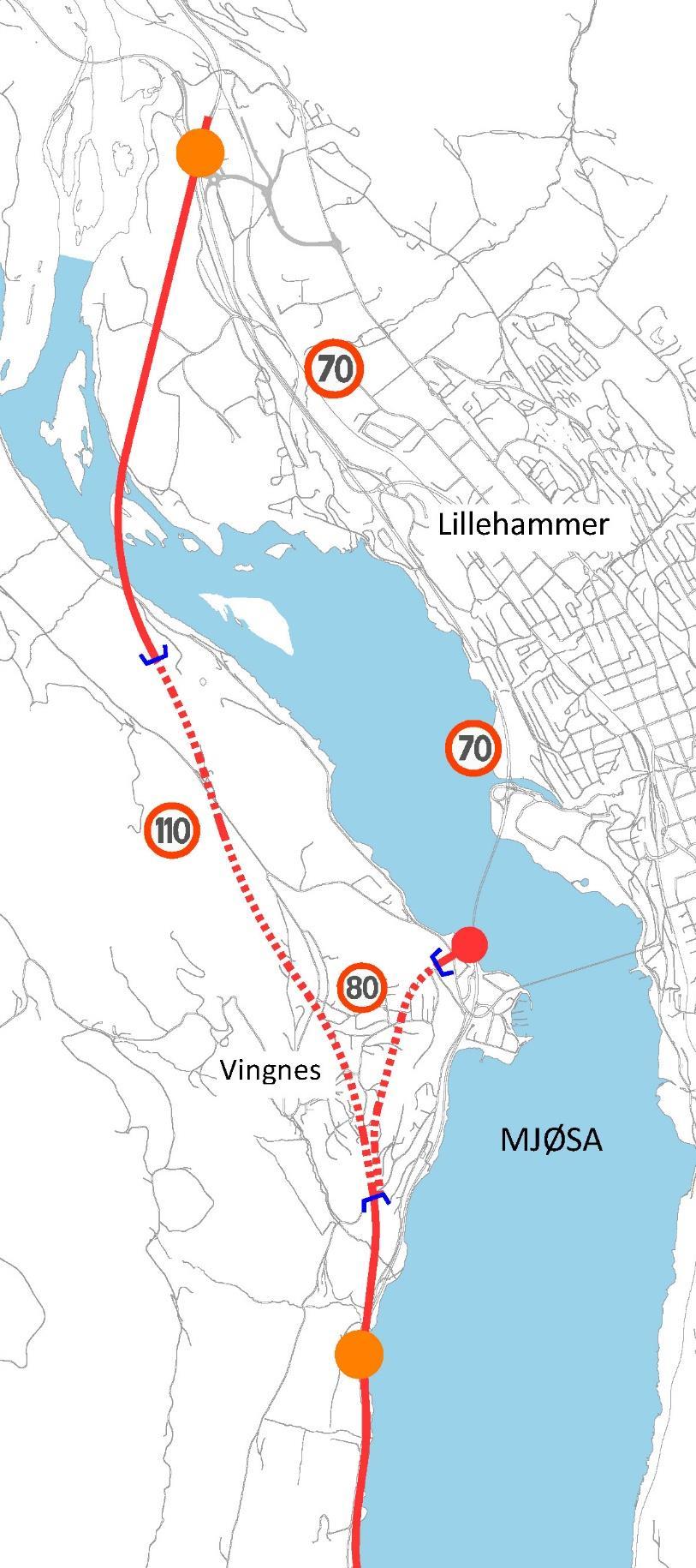 57 5.6 Delstrekning ll - Alternativ II-C-2-C tunnel Riselandet sør, med adkomst til byen i tunnel Det etableres kryss med kun sørvendte ramper som tilknytning til Lillehammer fra sør.