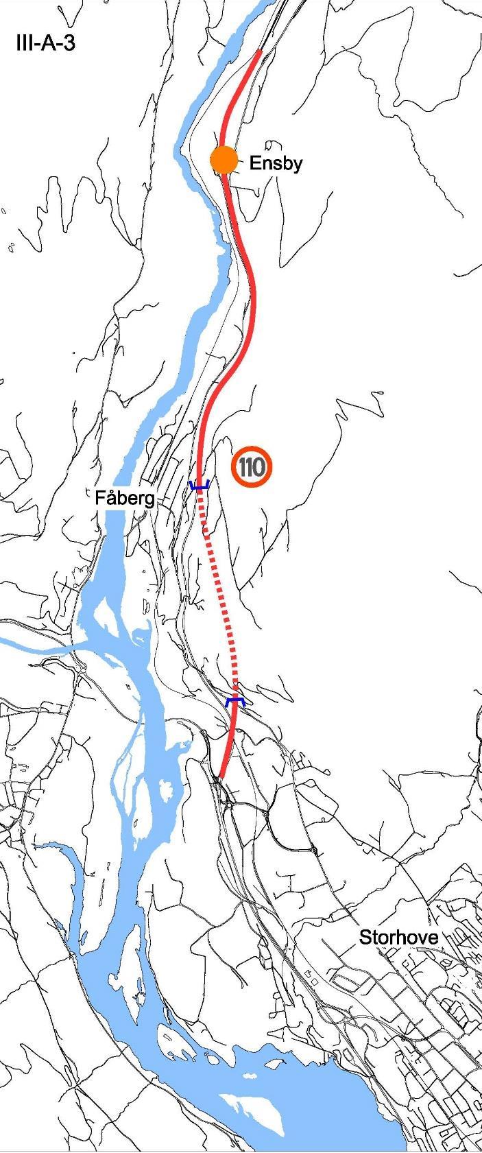 63 5.9 Delstrekning lll, alternativ III-A-3 Alternativ III-A-3 innebærer etablering av tunnel med to løp og lengde ca 1,6 km fra Storhove til Fåberg etter dimensjoneringsklasse H8 og hastighet 110