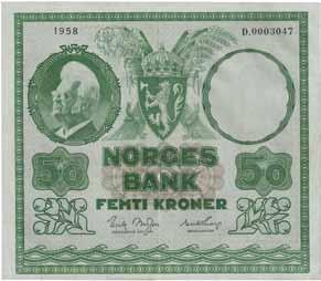 Sedler 64 50 kroner 1958. D0003047 01 2 500 65 50 kroner 1960.