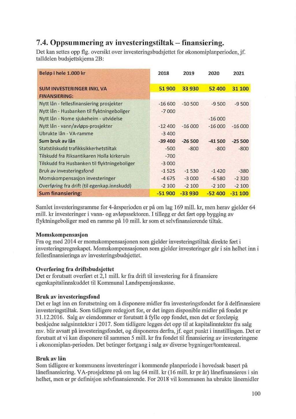 7.4. Oppsummering av investeringstiltak finansiering. Det kan settes opp flg. oversikt over investeringsbudsjettet for økonomiplanperioden, jf. talldelen budsjettskjema 2B: Beløp i hele 1.