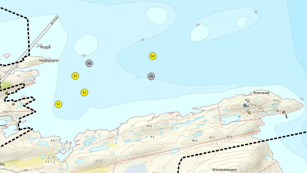 Figur 5. Oversyn over plassering av stasjonar for sedimentprøvetaking ved Stavneset. Gule sirklar viser stasjonar kor ein fekk opp prøve, grå sirklar viser stasjonar kor ein ikkje fekk opp prøve.