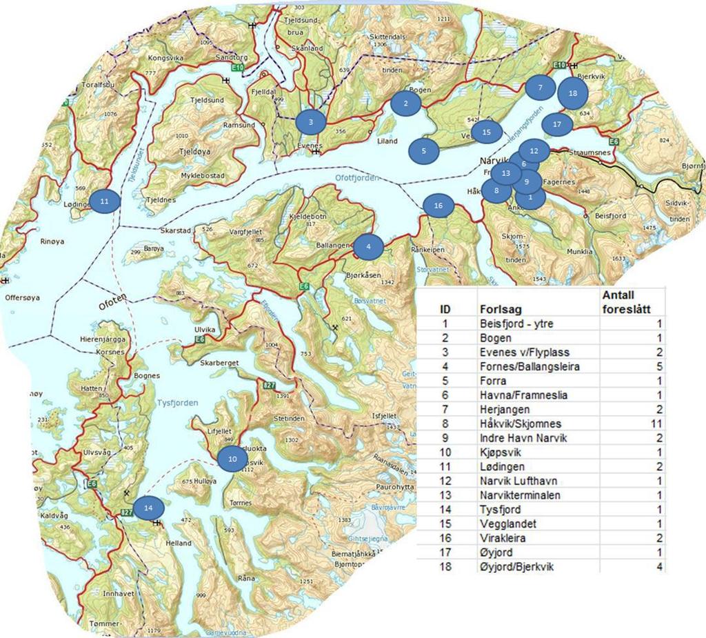 Figur 4 kartet viser oversikt over forslag kommet inn på Narvik Havn KFs dialogkonferanse 1.