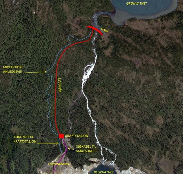 Figur 2 Detaljkart over Lendingelva kraftverk (fra konsesjonssøknad). Problemstilling Positive samfunnsvirkninger av tiltaket Tiltaket vil bidra årlig med ca. 14, 2 GWh (alt. A) eller ca.