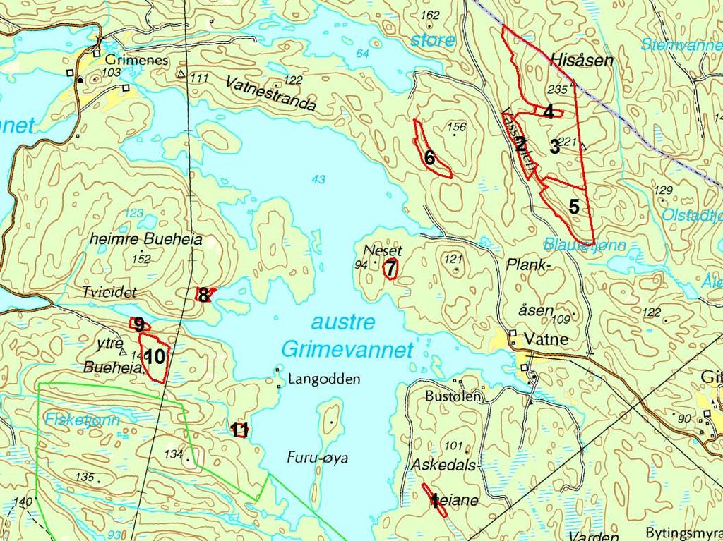 2. Resultater Totalt 11 nøkkelbiotoper med et totalareal på 630 daa er registrert på de tre eiendommene (fig 1), inkludert ca 165 daa med skoglig impediment på Hisåsen.