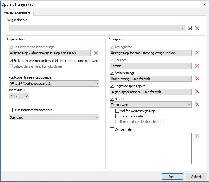 Opprett årsregnskapsdokumenter Under Opprett årsregnskapsdokumenter velges type linjeinndeling, maler for årsrapporten, type næringsoppgave og inntektsår.