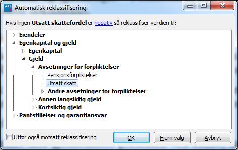 reklassifisert til linjen Utsatt skatt. Hvis man ønsker å gjøre tilpasninger kan man trykke på knappen i kolonnen for Automatisk reklassifisering.