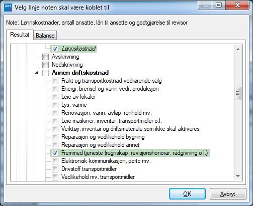 Ofte er det den kursive linjen i linjeinndelingen som skrives ut og ikke den linjen som er uthevet. I eksemplet til høyre er dette linjen Lønnskostnad.