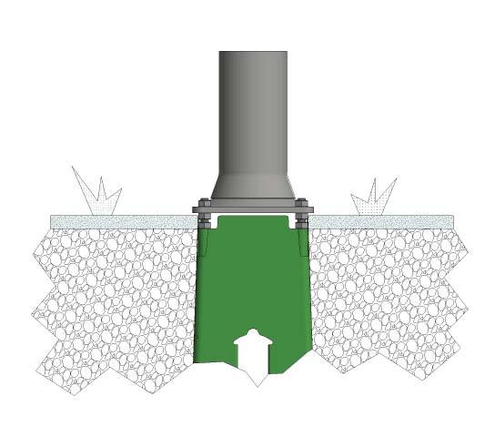 Fundamentet settes på en pute av komprimert pukk (32-63 mm). Tilbakefyllingsmaterialet rundt fundamentet skal være en blanding av singel (8-16 mm) og pukk (22-63 mm).