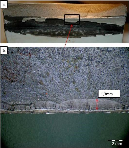 Statens havarikommisjon for transport Side 6 Figur 4: a) Oversiktsbilde av bruddflaten. b) Bilde i stereo lysmikroskop av utmattingssprekker initiert fra overflaten, dybden målt til 1,3 mm.