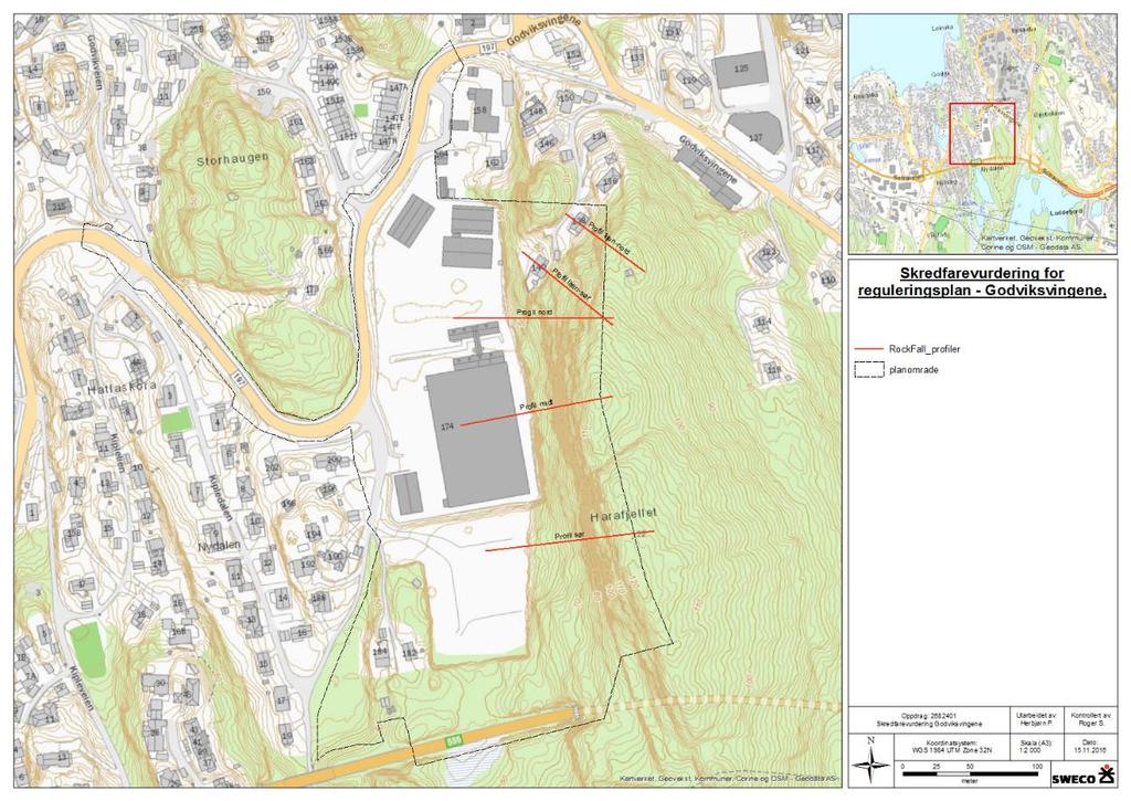 Figur 2: Oversiktskart over Godviksvingene, planområdet er markert. Fem RockFall profiler er også markert.