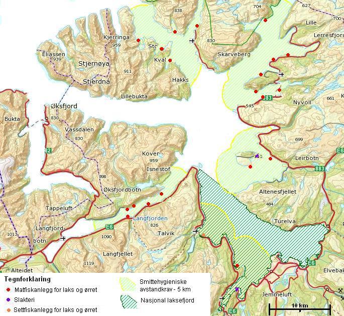 Begrensninger i arealtilgang, smittehygiene Eksempel fra Alta kommune Oppdrettsrelatert arealbeslag i sjø Km 2 % av sjøareal Anleggsareal i overflaten 1,18