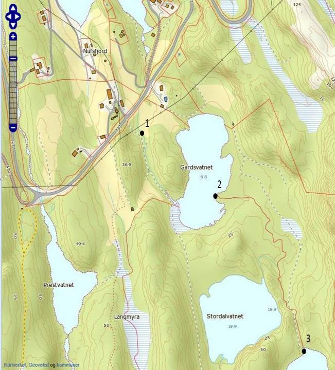 2. Bekk i Nufsfjorden, 8.8.2014 Det har tidligere blitt påvist en levende musling i bekk mellom Gårdsvatnet og utløp til Nufsfjorden.