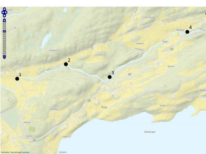 Beskrivelse UTM - verdier Startpunkt for undersøkelse (1) 7120872, 639292 Elvestrekke uten observasjon av elvemusling (2-3) 7121066, 640066 Sluttpunkt for undersøkelse (4) 7121502, 642000 bestanden