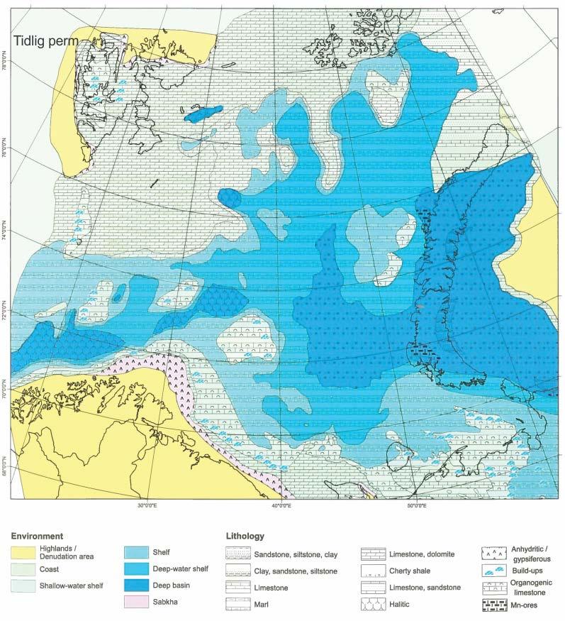 Figur 7 Avsetningsmiljø i Barentshavet i tidlig perm. Figur fra Smelror et al. (2009) 1.4.2 Mesozoikum I tidlig til midtre trias (Figur 8) domineres stratigrafien av silikafattig skifer.