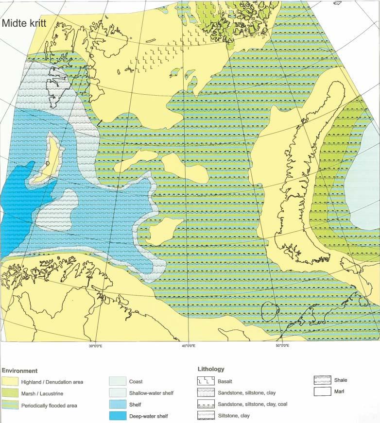 Figur 10 Avsetningsmiljø i Barentshavet i midtre kritt. Figur fra Smelror et al. (2009). 1.4.