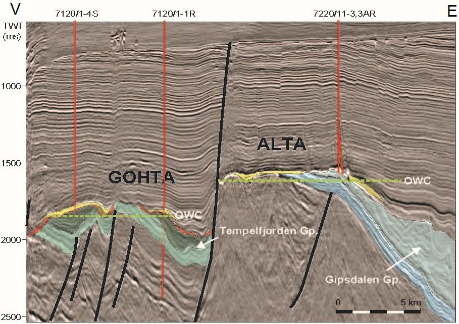 2D-seismisk bilde i øst-vest-retning over Gohta og Alta.