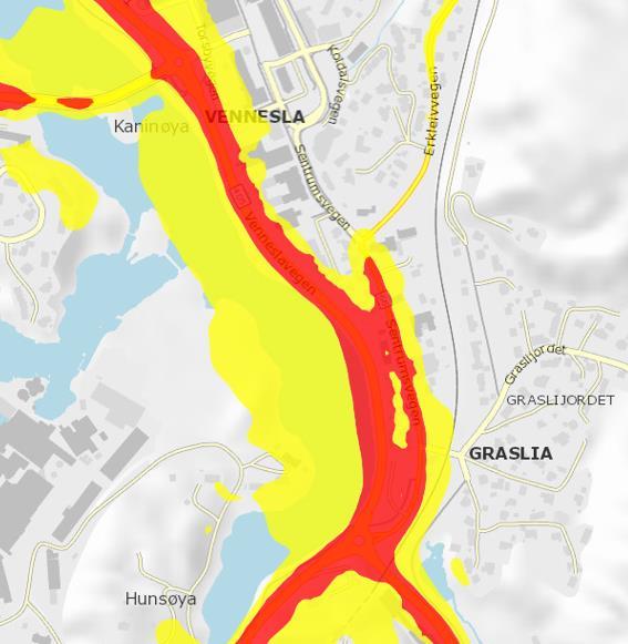 Støy Deler av området er svært støyutsatt grunnet biltrafikken på veiene. Illustrasjonen under viser støysonene på fylkesveiene.