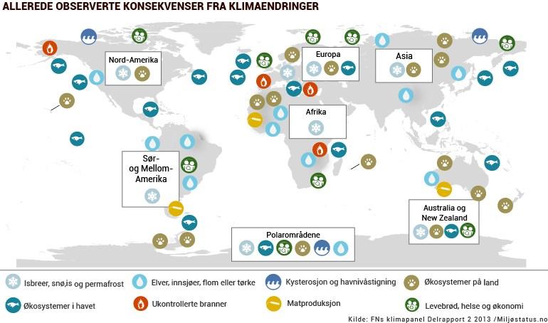 Asia: Vekstsesongen er endret i mange områder, og trærne får blader tidligere. Mange planter og dyr har flyttet seg nordover og oppover i terrenget, særlig i nordlige deler.