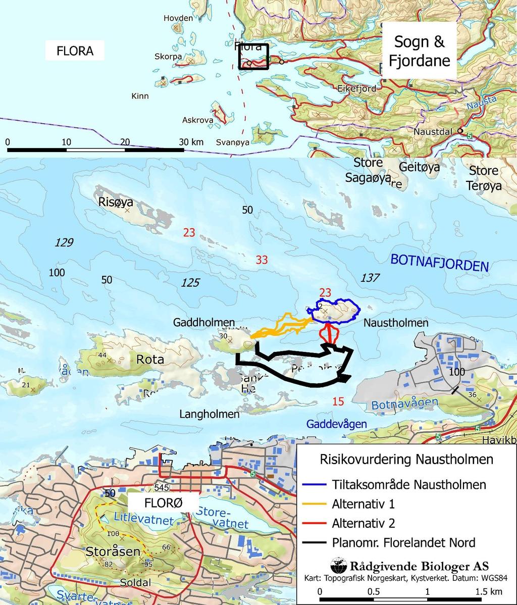 TILTAK NAUSTHOLMEN Fjord Base AS ynskjer å etablere industri på Naustholmen med tilkomstveg frå eit regulert industriareal i sør. Sjøområdet sør for holmen er planlagt fylt ut (figur 1).