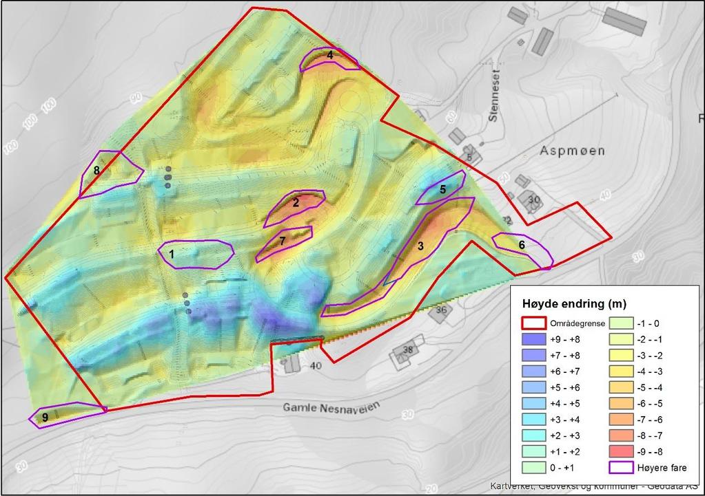 Planen omfatter fylling og utgraving på flere steder (fig. 9). Endringer av terrenget kan ha en påvirkning på skråningsstabiliteten.