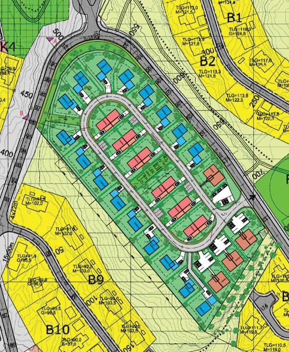 Illustrasjon over planlagt bebyggelse Reguleringsplanen legger til rette for oppføringen av 45 nye boenheter som får adkomst fra en ny intern veisløyfe.