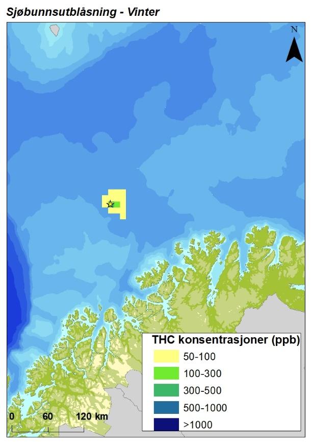 Figur 10 Maksimale tidsmidlede THC konsentrasjoner i vannsøylen gitt en sjøbunnsutblåsning fra brønn 7121/2-1 S vist sesongvis.