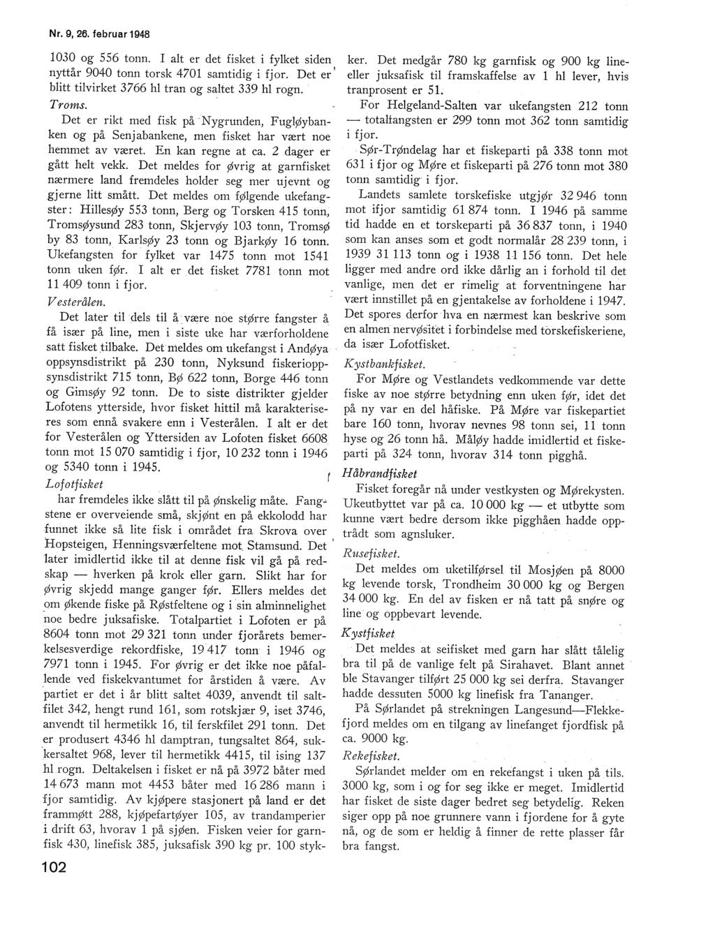 Nr.9,26. februar1948 100 og 556 tonn. I at er det fisket i fyket siden nyttår 9040 tonn torsk 4701 samtidig i fjor. Det er 1 bitt tivirket 766 h tran og satet 9 h rogn. Troms.