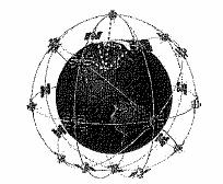 Fig. 1: Figuren viser nettverket av satellitter som GPS`n bruker til å beregne posisjonen. Satellittene går i bane rundt jorden.