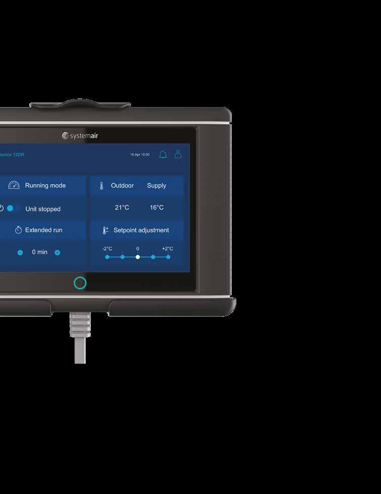 Ergonomisk og robust design, utviklet av Systemair Intuitiv og brukervennlig navigasjon i menyer Redigerbare navn på alarmer, kontroll-komponenter og ventilasjonsaggregater Systemoversikt med alle