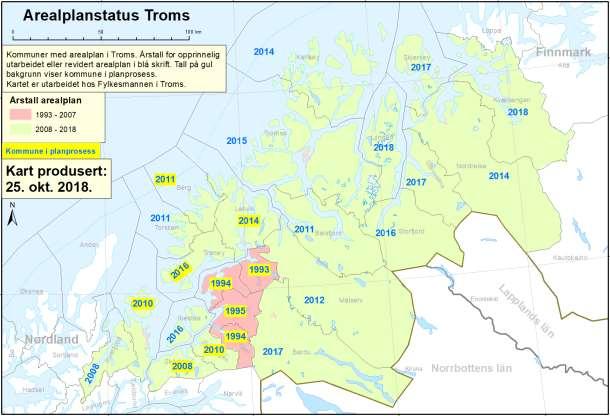 Kartutsnitt som viser status for kommuneplaner i Troms per oktober 2018 4.