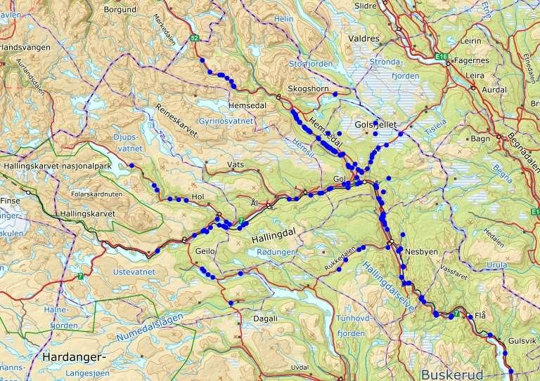 Trafikkdrept elg 2010 2017 hele Hallingdal Kartet viser trafikkdrept elg i Hallingdal i perioden 2010 2017. Kilde: hjorteviltregisteret.no.